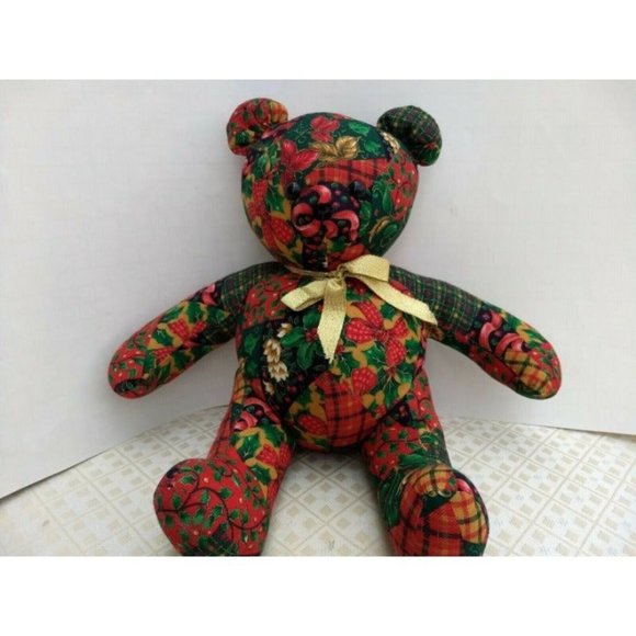 Crafty Lady Bear Sitting Stuffed Animal Plush Vintage X-mas Floral Pattern- Rare - Picture 8 of 8